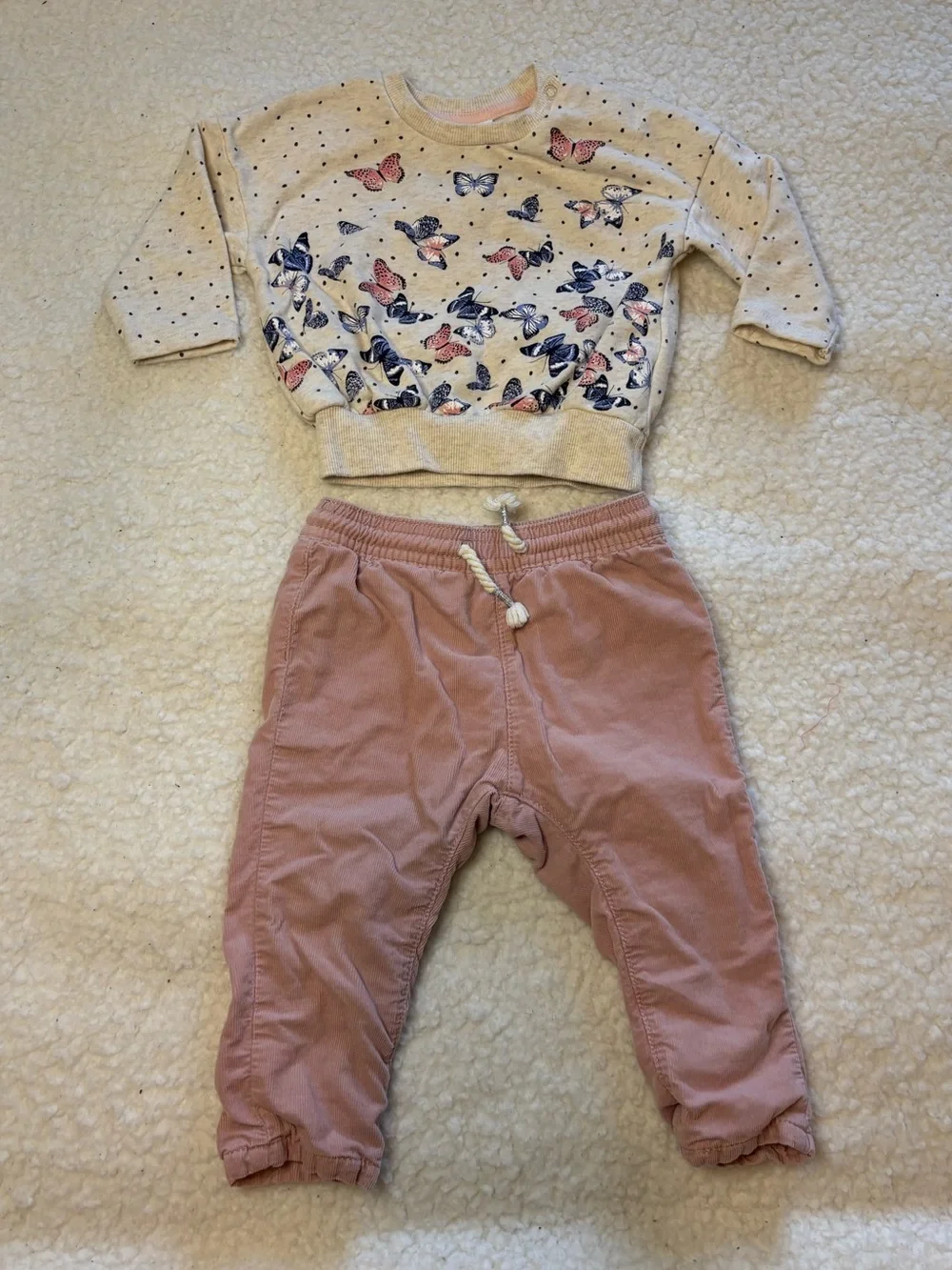 H&M Baby Girl 2-Piece Butterfly Sweatshirt & Pink Corduroy Pants Outfit Set